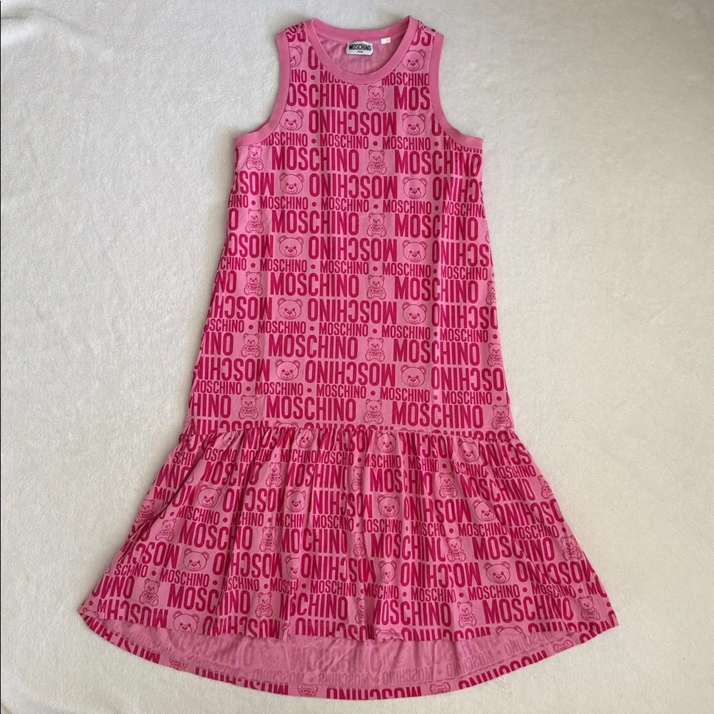 Moschino Teen | 2020 Teddy Bear Allover Logo Drop Waist High Low Dress Pink 14 - Picture 15 of 15